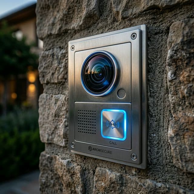 Close-up of video intercom door station lens and speaker by Nexasec